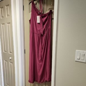Asymmetrical 1 shoulder Pink Dress with tie belt Valentines Vacay Wedding Guest
